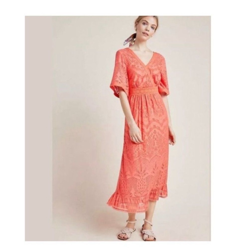 Anthropologie Farm Rio Devore Dress Coral Maxi